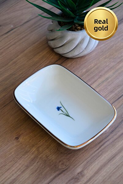 tabakevi Tabak Evi Porcelain Natura Iris Gold Gilded Rectangular Boat Plate 14X9,8Cm Single