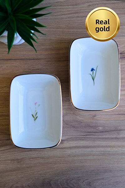 tabakevi Tabak Evi Porcelain Natura Mixed Gold Gilded Rectangular Boat Plate 14X9,8Cm 2 Pieces