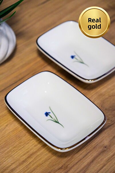 tabakevi Tabak Evi Porcelain Natura Iris Gold Gilded Rectangular Boat Plate 14X9,8Cm 2 Pcs