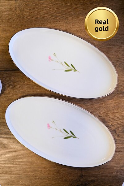 tabakevi Tabak Evi Porcelain Natura Broadcloth Gold Gilded Oval Boat 32,50X17X2,50Cm 2 Pcs