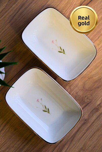 tabakevi Tabak Evi Porcelain Natura Broadcloth Gold Gilded Rectangular Boat Plate 12X8,50Cm 2 Pcs