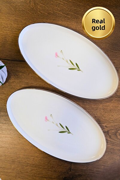 tabakevi Tabak Evi Porcelain Natura Broadcloth Gold Gilded Oval Boat 32,50X17X2,50Cm 2 Pcs