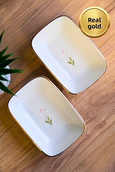 tabakevi Tabak Evi Porcelain Natura Broadcloth Gold Gilded Rectangular Boat Plate 14X9,8Cm 2 Pcs