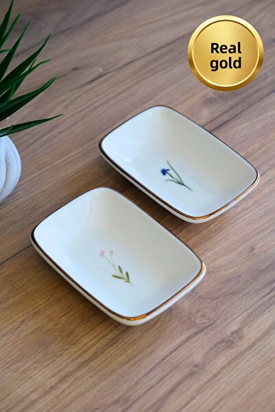 tabakevi Tabak Evi Porcelain Natura Mixed Gold Gilded Rectangular Boat Plate 12X8,50Cm 2 Pieces