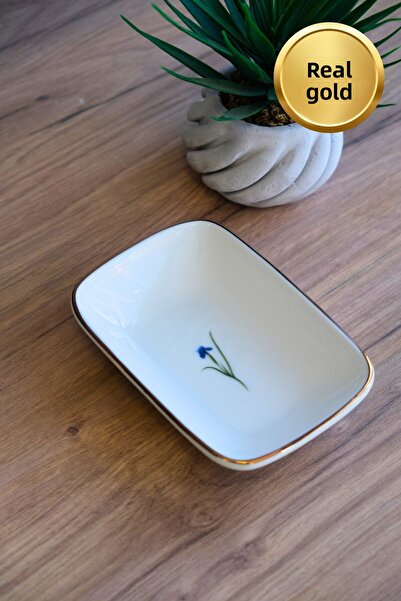 tabakevi Tabak Evi Porcelain Natura Iris Gold Gilded Rectangular Boat Plate 14X9,8Cm Single