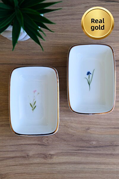 tabakevi Tabak Evi Porcelain Natura Mixed Gold Gilded Rectangular Boat Plate 12X8,50Cm 2 Pieces