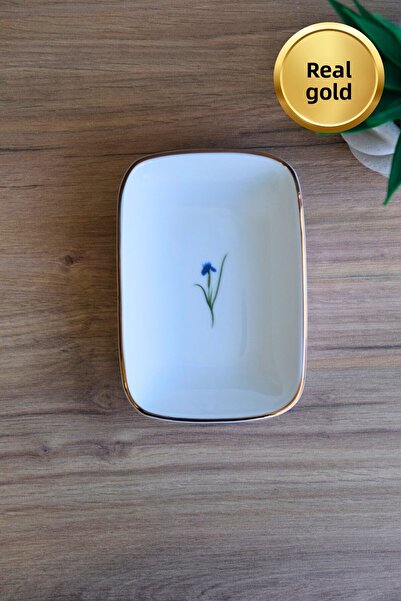 tabakevi Tabak Evi Porcelain Natura Iris Gold Gilded Rectangular Boat Plate 14X9,8Cm Single