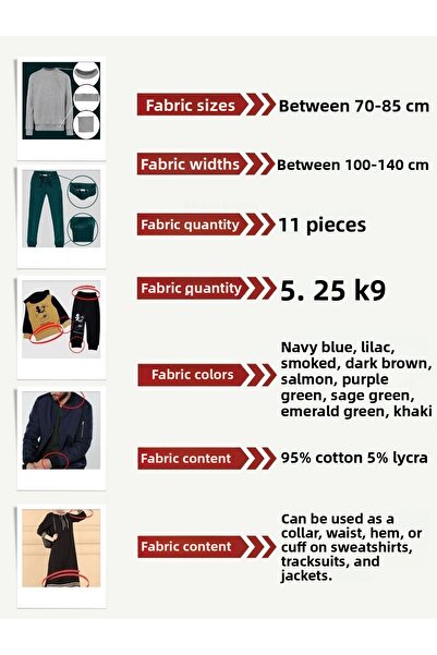 Yiğit Kumaş Ribana Corded Fabric Fabric Set, 11 Pieces, Sizes between 70-85 cm