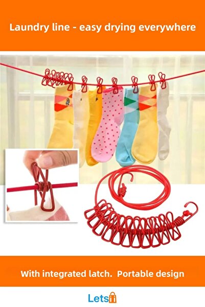 Letsii حبل غسيل محمول متين بمشبك، لونان