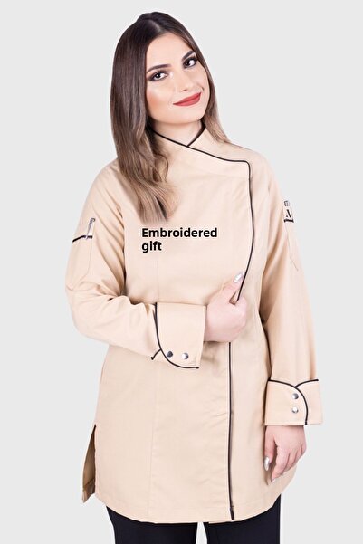 Üniformanya Beige Women's Chef Jacket with Name Gift Chef Jackets Women's Che...