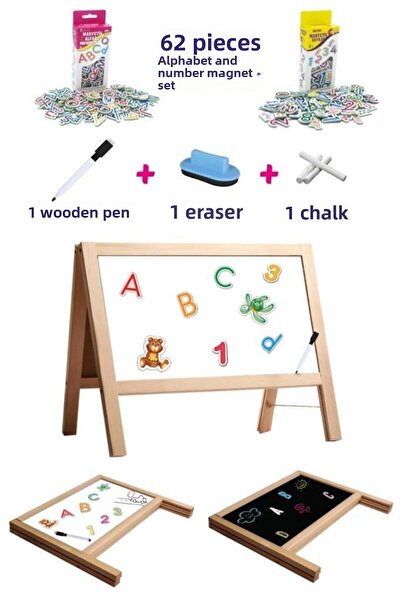 welcomein لوح كتابة خشبي مغناطيسي مزدوج الجوانب للأطفال (مع مجموعة مغناطيسية من 62 قطعة كهدية)