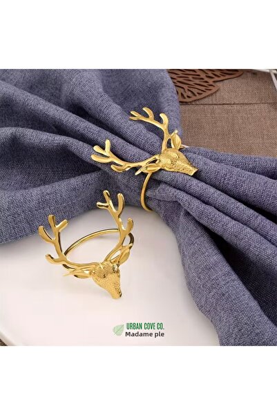 UrbanCove Co 4-Piece New Year, Winter Themed Deer Head Napkin Holder Set – Gold Color, Cast Metal