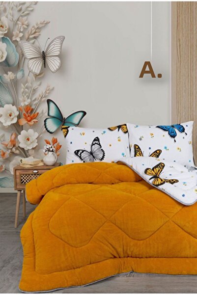 VİLERA HOME Pofuduk Plush Welsoft Butterfly Pattern Double Size Bedding Set with Pillowcases
