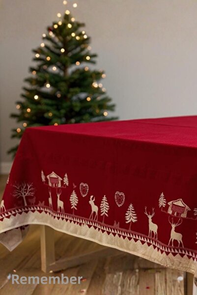 Anılsan Red Christmas Patterned Tablecloth – Stylish New Year Table Decor with Deer and Pine Tree Motifs