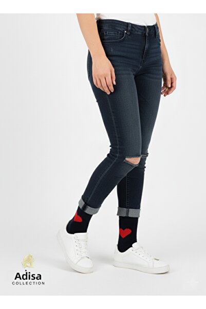 adissa collection Set of 3 Women's Heart Socks |   Washed Perfumed, Winter Thermal, Black-Grey-Navy Blue Patterned Socks