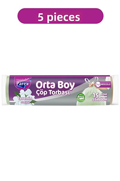 Parex أكياس قمامة بخيط سحب برائحة الياسمين، عبوة من 15 قطعة، حجم متوسط 55 × 60 سم، عبوة من خمس قطع