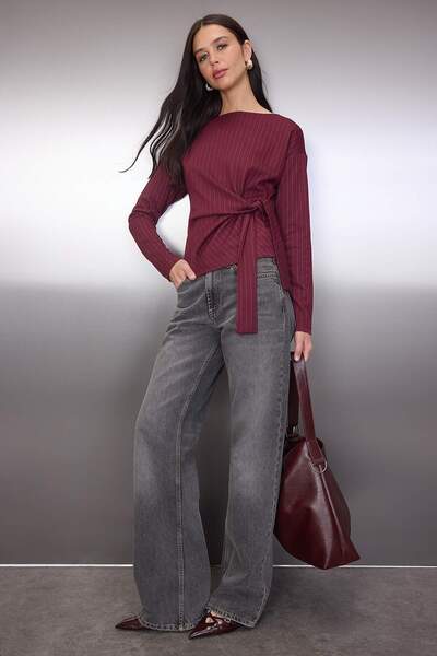 Trendyol Collection Burgundy Striped Tie Detail Long Sleeve Boat Neck Knitted Blouse Twoaw26Bz00326