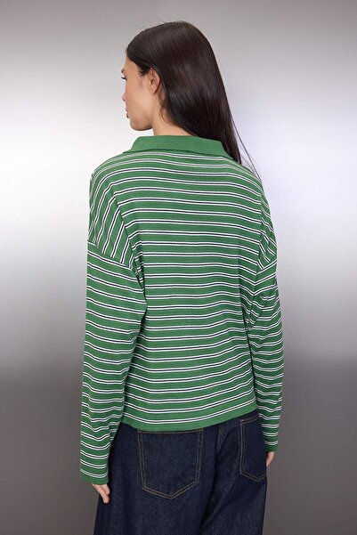 Trendyol Collection Wardrobe Essentials Green Premium Yarn/Custom Yarn Wide Fit Striped Knitwear Sweater Twoaw26Kz00195