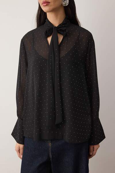 Trendyol Collection Black Stone Printed Tie-Up Unlined Stylish Party Blouse Tpraw26Bz00053