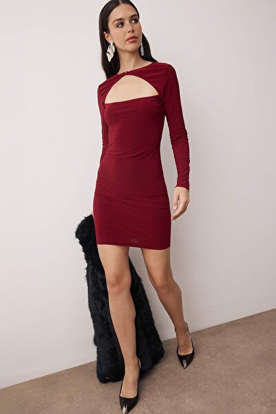 Trendyol Collection Burgundy Bodycon Knitted Short Chic Evening Dress Night Graduation Dress Tprss25El00159