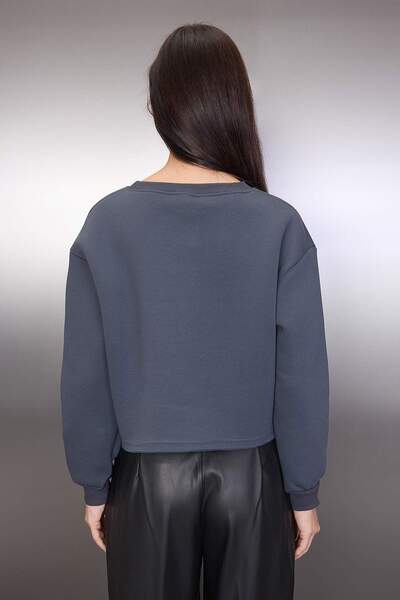 Trendyol Collection Anthracite Thick Fleece Inside Crew Neck Crop Knitted Sweatshirt Twoaw26Sw00093