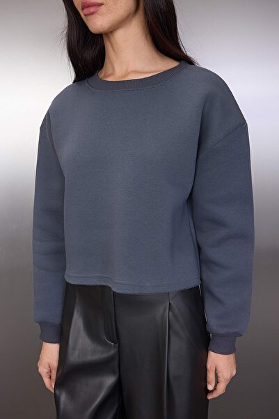 Trendyol Collection Anthracite Thick Fleece Inside Crew Neck Crop Knitted Sweatshirt Twoaw26Sw00093