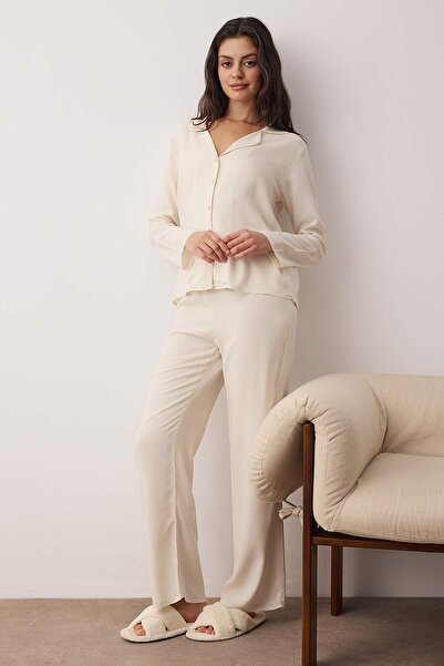Trendyol Collection Ecru Plain Shally Woven Pajama Set Thmaw26Pt00089