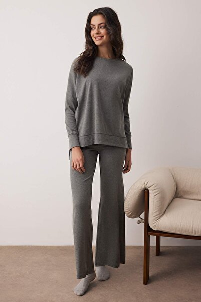 Trendyol Collection Anthracite Cotton Slit Corded Fabric Knitted Pajamas Set Thmaw26Pt00223