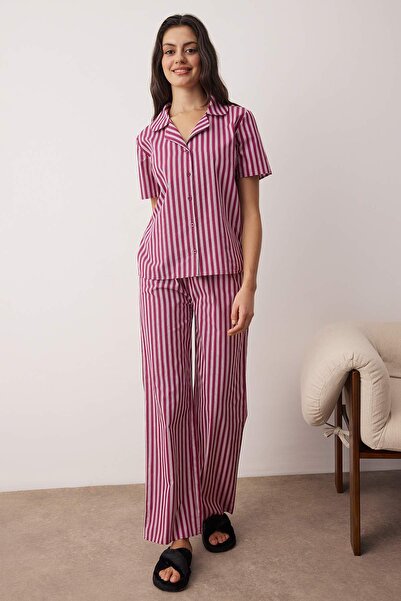 Trendyol Collection Set de pijamale din poplin cu dungi multicolore THMAW26PT00197