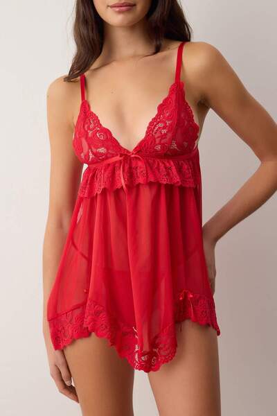 Trendyol Collection Red Tulle Ribbon/Bow and Lace Detailed Capless Panty Babydoll/Fantasy Nightgown Thmaw26Ll00007