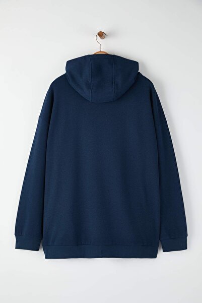 Trendyol Collection Plus Size Navy Blue Oversize/Wide Cut Zippered Hooded Cotton Sweatshirt Tmnaw25Ao00029