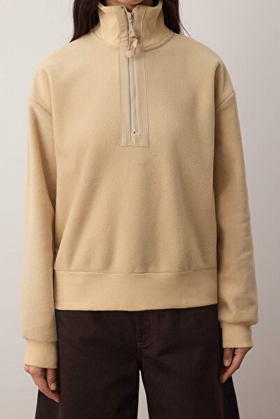 Trendyol Collection Stone Regular/Normal Fit Zipper Detail Stand Collar Fleece Thick Knitted Sweatshirt Twoaw26Sw00026