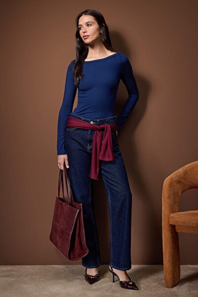 Trendyol Collection Navy Blue Boat Neck Bodycon Stretchy Knitted Blouse Twoaw26Bz00072