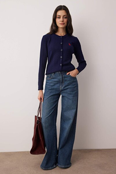 Trendyol Collection Navy Blue Horse Embroidered Hair Knit Thin Knitwear Cardigan Twoaw26Hi00289