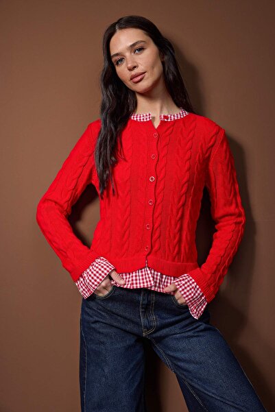 Trendyol Collection Red Plaid Garni Collar Detailed Knitwear Cardigan Twoaw26Hi00259