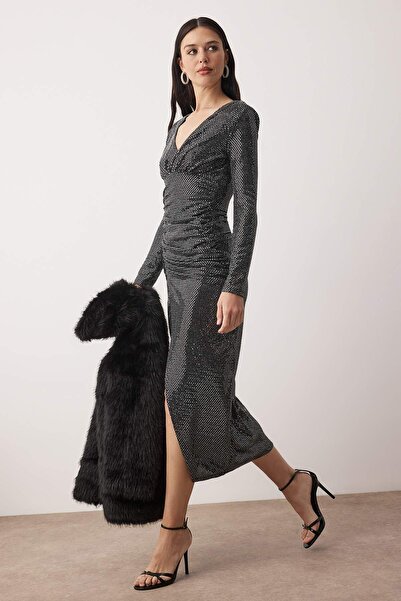 Trendyol Collection Gray Bodycon Sequin Midi Unlined Party Dress Tpraw26El00123