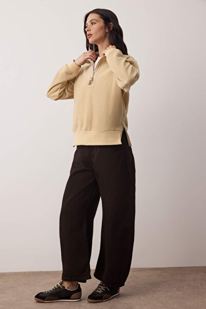 Trendyol Collection Stone Regular/Normal Fit Zipper Detail Stand Collar Fleece Thick Knitted Sweatshirt Twoaw26Sw00026