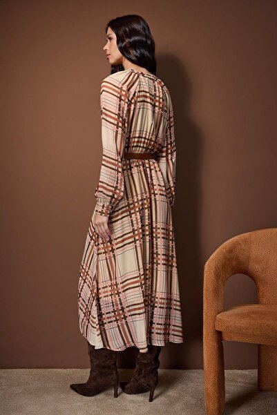 Trendyol Collection Multi-Colored Plaid / Checkered Belted Midi Lined Woven Dress Twoaw26El00325