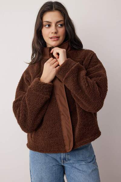 Trendyol Collection Dark Brown Plush Regular/Normal Fit Woven Garnished Zippered Knitted Sweatshirt Twoaw25Sw00139