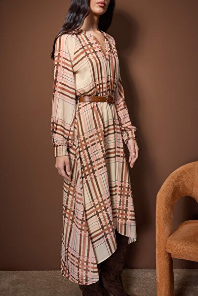 Trendyol Collection Multi-Colored Plaid / Checkered Belted Midi Lined Woven Dress Twoaw26El00325