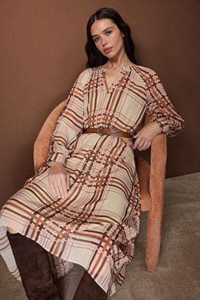 Trendyol Collection Multi-Colored Plaid / Checkered Belted Midi Lined Woven Dress Twoaw26El00325