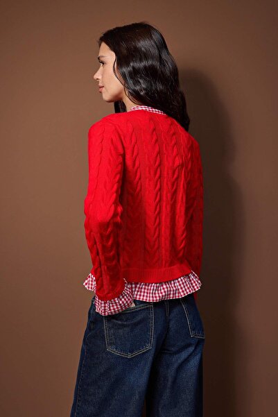 Trendyol Collection Red Plaid Garni Collar Detailed Knitwear Cardigan Twoaw26Hi00259