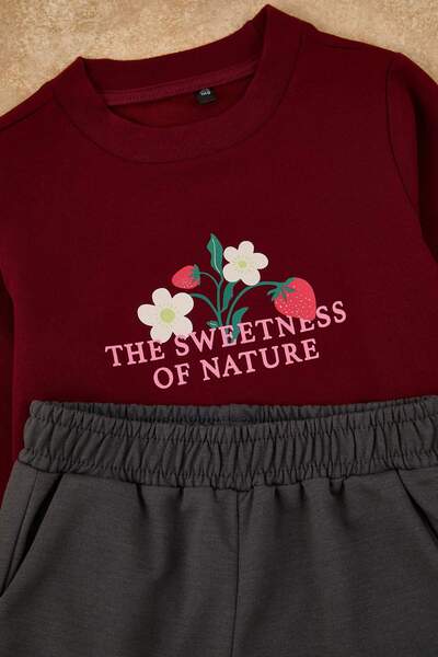 TRENDYOLKIDS Burgundy Floral Knitted Bottom - Top Set Tkdaw25Au00161