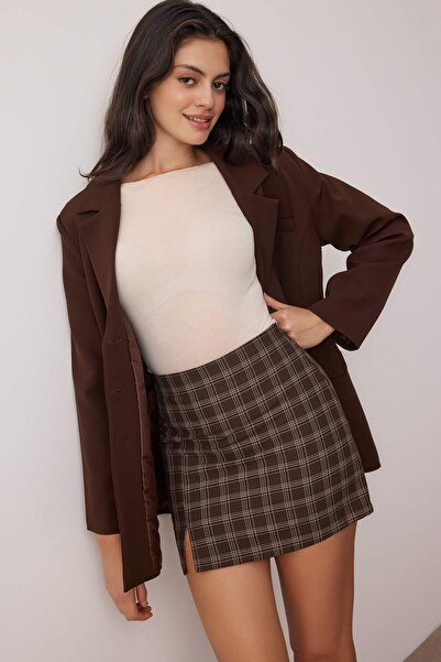 Trendyol Collection Brown Plaid Mini Skirt Shorts & Bermuda Twoaw26Sr00059