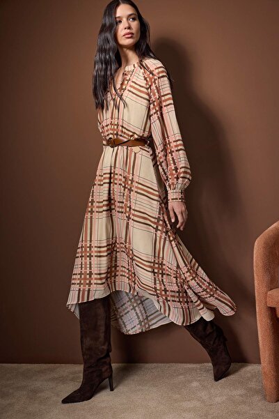Trendyol Collection Multi-Colored Plaid / Checkered Belted Midi Lined Woven Dress Twoaw26El00325