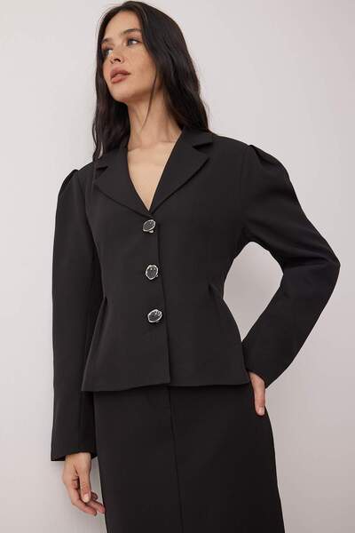 Trendyol Collection Black Fitted Button Accent Piece Woven Blazer Jacket Twoaw26Bc00069