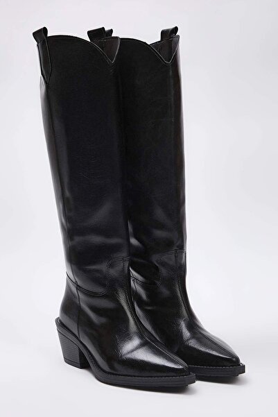 TRENDYOL SHOES Black Pointed Toe Block Heeled Women's Cowboy Boots Takaw26Cz00038