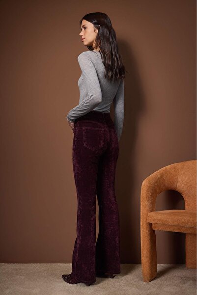 Trendyol Collection Burgundy Suede Look High Waist Comfort/Flexible Flare Jeans Twoaw26Je00287