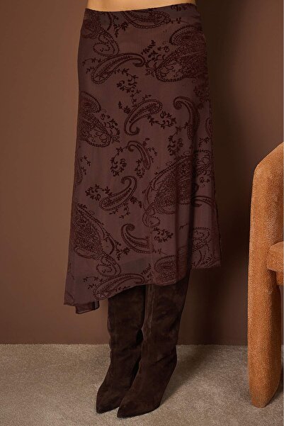 Trendyol Collection Brown Asymmetric Flock Printed Skater Stretchy Tulle Knitted Skirt Twoaw26Et00156