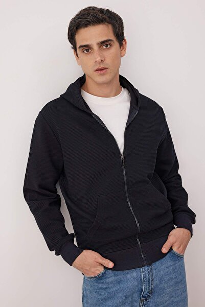 Trendyol Collection Navy Blue Regular/Normal Fit Zippered Hooded Textured Sweatshirt Tmnaw26Sw00067